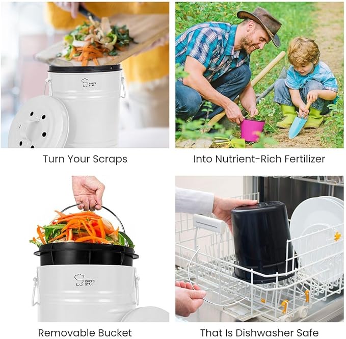 Chef's Star Countertop Compost Bin, Indoor Compost Bin, Small Composter, White, 0.8 Gallon, Metal