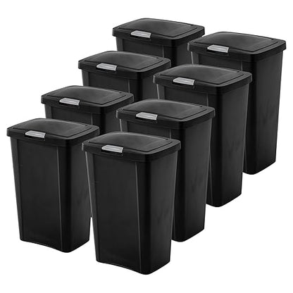 Sterilite 13 Gallon TouchTop Narrow Plastic Wastebasket with Secure Titanium Latch for Kitchen, Bathroom, and Office Use, Black (8 Pack)