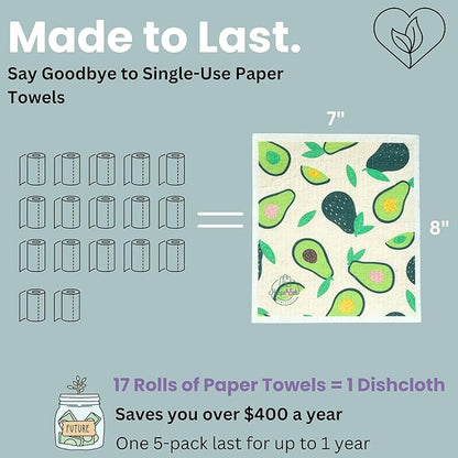 Harps&Seb Swedish Dishcloths for Kitchen Dish Towels - 5 Pack, Non-Scratch Reusable Paper Towels, Super Absorbent Washable Swedish Dish Cloths, No Odor, Biodegradable, Fruit Design