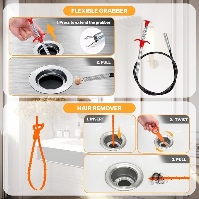 Drain Auger 33 ft, Plumbing Snake Hair Clog Remover Drain Snake Flexible Grabber Heavy Duty Sink Cleaner Tools for Shower Bathtub Bathroom Kitchen Pipe, Black