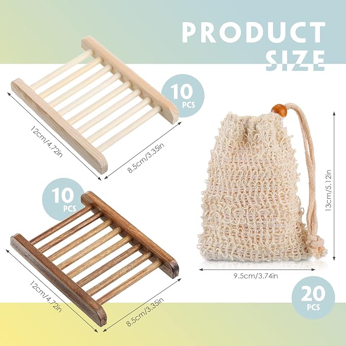 Soap Exfoliating Bag Holder Set Included Bathroom Wooden Soap Dish Pine Wood Soap Holder Tray Natural Bar Soap Pouch Mesh Bath Soap Saver Bag Container (Wood Color, Carbonized Color, 40 Pcs)