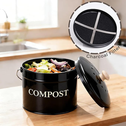 Compost Bin - 1 Gallon Countertop Composter with Lid and Charcoal Filters, Rust Proof Indoor Bucket for Kitchen Food Waste