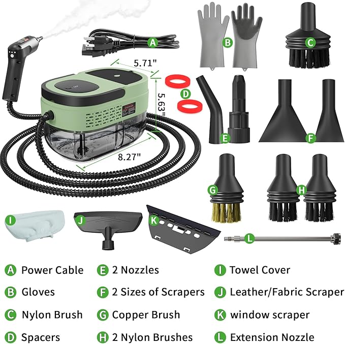 Handheld Steam Cleaner for Home, 2500W High Temperature Pressurized Machine, 1.6L Water Tank, Handle-controlled Steam Output, Portable Cleaning Steamer for Car, Bed Bugs, Furniture (Green, 16 PCS)