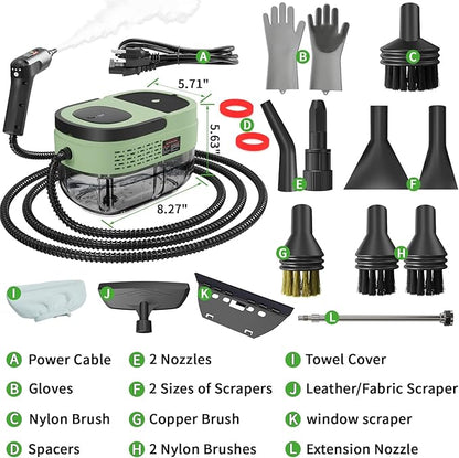 Handheld Steam Cleaner for Home, 2500W High Temperature Pressurized Machine, 1.6L Water Tank, Handle-controlled Steam Output, Portable Cleaning Steamer for Car, Bed Bugs, Furniture (Green, 16 PCS)
