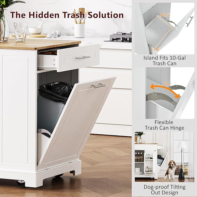 48.5" Kitchen Island with Trash Can Storage Cabinet, Power Outlet, Internal Storage Rack, Rolling Kitchen Islands Cart on 5 Wheels with 3 Drawers, 3 Open Side Racks, White