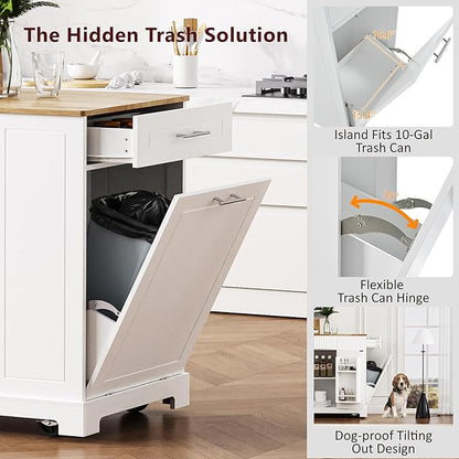 48.5" Kitchen Island with Trash Can Storage Cabinet, Power Outlet, Internal Storage Rack, Rolling Kitchen Islands Cart on 5 Wheels with 3 Drawers, 3 Open Side Racks, White