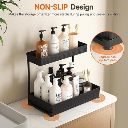 Sevenblue 3 Pack Multi-Purpose Pull-Out Storage Organizers, 2-Tier L-Shaped Under Sink/Cabinet Organizers and Storage for Bathroom & Kitchen, (Black, 12.85 Inches)