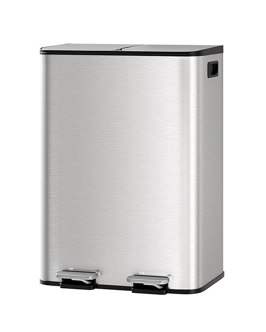 2 x 8 Gal (2 x 30 L) Dual Compartment Trash Can - Stainless Steel Garbage Recycling Bin with Soft Close Lids, Removable Liner Buckets, 16 Gallon/60 L Step on Kitchen Waste Container - Silver