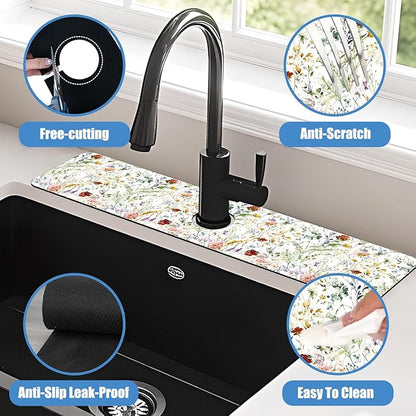 Sink Faucet Absorbing Mat Wildflower Sink Splash Guard Drying Mat for Kitchen Bathroom Faucet Sinkmat 23.5"X5.5"