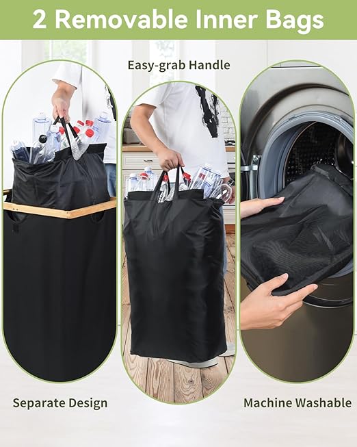 OTraki 140L Recycling Bin for Kitchen, 2 Compartments Large Home Recycle Bin with Lid with 2 Removeable and Reusable Inner Bag for Bottle Can Glass Waste Plastice, Black
