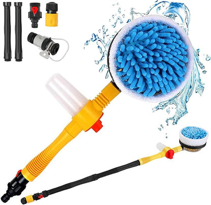 Rotating Car Wash Brush with Soap Dispenser, Automatic Rotary Car Wash Mop Soft Exterior Car Cleaning Brush Kit Garden Hose Flow Through Scrub Brush to Wash Car Truck RV (Long Handle)