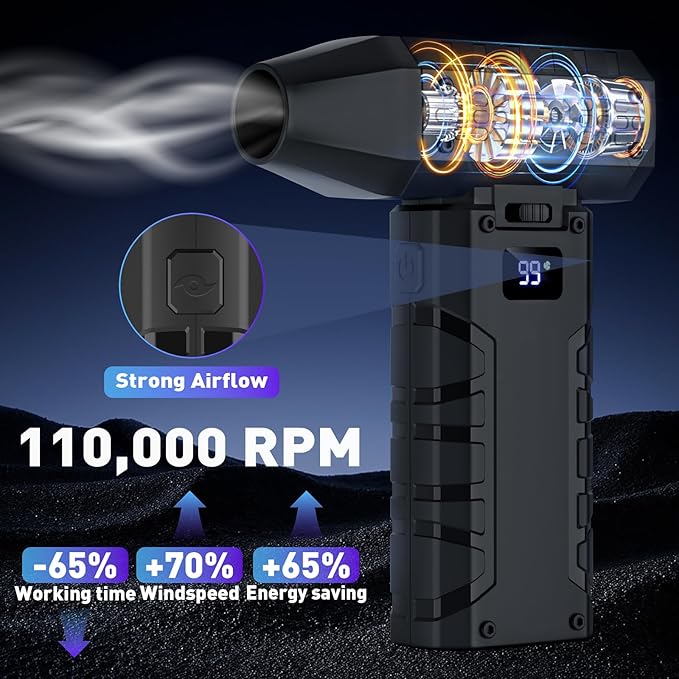 Electric Compressed Air Duster, 110,000RPM Cordless Portable Air Blower Mini Powerful Jet Dry Blower 100 Adjustable Speed Levels Rechargeable for Keyboard, PC, Car Cleaning