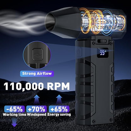 Electric Compressed Air Duster, 110,000RPM Cordless Portable Air Blower Mini Powerful Jet Dry Blower 100 Adjustable Speed Levels Rechargeable for Keyboard, PC, Car Cleaning