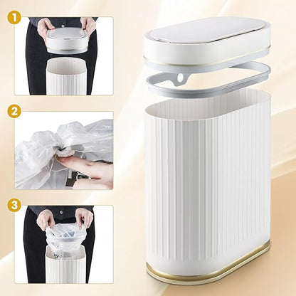 ELPHECO Bathroom Trash Can 2 Gallon Plastic Smart Garbage Can Waterproof 7.5L Wastebasket Bathroom Decor Narrow Garbage Bin with Automatic lid for Bedroom, Kitchen, Office, White Gold
