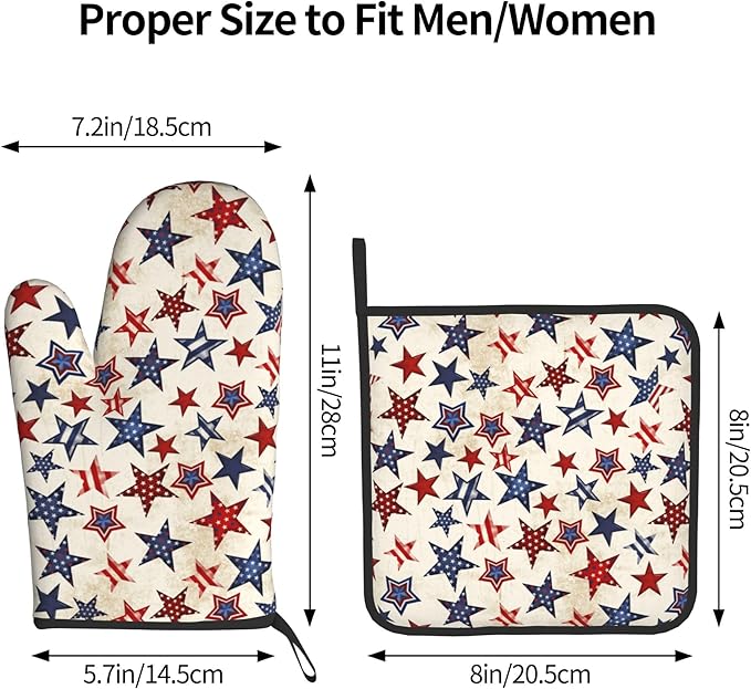 Patriotic Stars Oven Mitts - 4th of July Kitchen Mitts Pot Holders Sets of 2 Red White and Blue Hot Mitts Independence Memorial Day Hot Pads for Cooking Baking Grilling