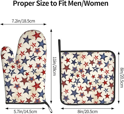 Patriotic Stars Oven Mitts - 4th of July Kitchen Mitts Pot Holders Sets of 2 Red White and Blue Hot Mitts Independence Memorial Day Hot Pads for Cooking Baking Grilling