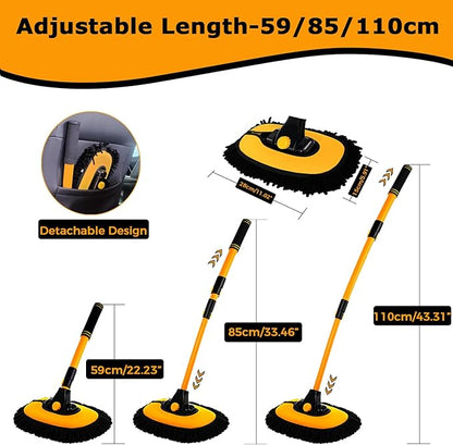 WillingHeart 15° Curved Car Wash Brush with Long Handle 43" Extension Pole RV Truck Microfiber Cleaning Mop Auto SUV Wheel Boat Exterior Interior Detailing 2 in 1 Carwash Duster Not Hurt Paint, Yellow