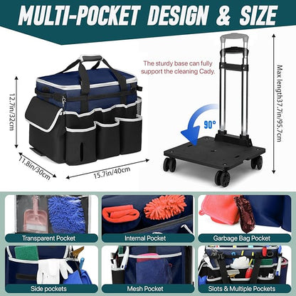 Large Rolling Cleaning Caddy Bag with Detachable Trolley, Full Support Plates for Professional Cleaning Supplies Bag, Organizer Bag with 4 Universal Wheels for Housekeepers, Car Wash (Blue)