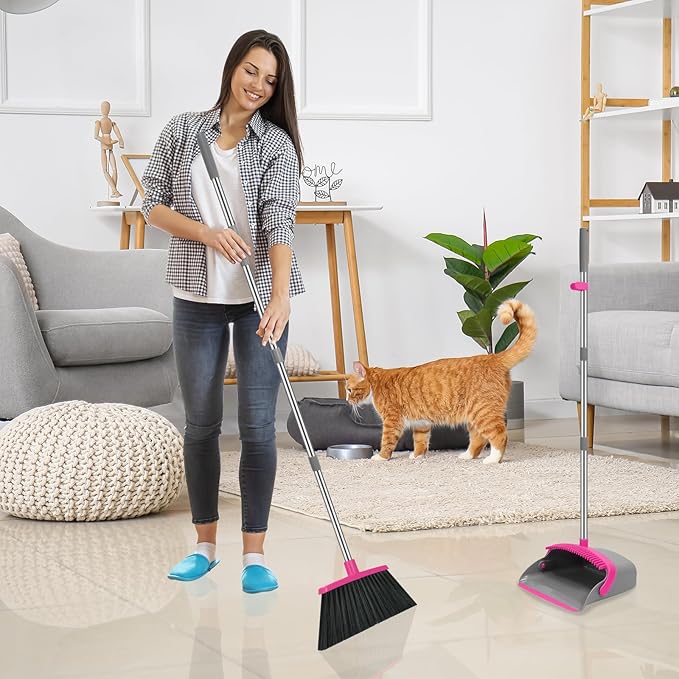 NACENA Broom and Dustpan Set, 52-in Long Adjustable Handle Broom Dustpan Combo with Dustpan Teeth to Automatically Clean Hair Suitable for Home Kitchen Office Hall Floor (Grey&Rose), 4 Pack