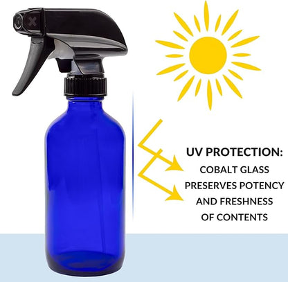 Cornucopia Brands 8-Ounce Cobalt Blue Glass Boston Round Spray Bottles (2 Pack) 3-Setting Heavy Duty Sprayers, Empty Refillable Bottle