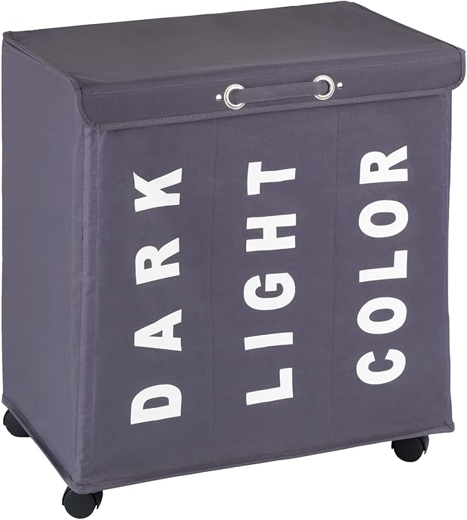 WENKO Trivo Basket, Laundry Sorter, with Lid, Hamper, Laundry Bin, 3 Section, 3 Bag, Room Storage, 30.64 gallon/22" x 23.6" x 13.8", Grey