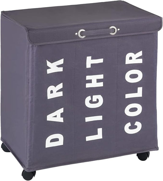 WENKO Trivo Basket, Laundry Sorter, with Lid, Hamper, Laundry Bin, 3 Section, 3 Bag, Room Storage, 30.64 gallon/22" x 23.6" x 13.8", Grey