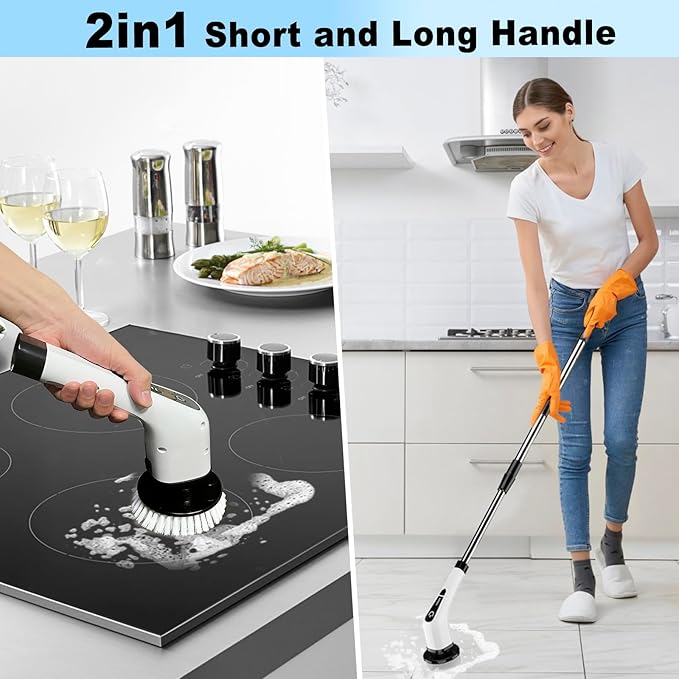 Electric Spin Scrubber for Cleaning Bathroom: Granvell Shower Cleaner Brush with 7 Replaceable Heads & Long Handle, Cordless Power Scrub Tools for Bath Tub Floor Tile