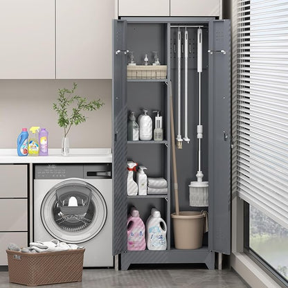 Broom Closet,Broom Closet Storage Cabinets with Lock, 65" Metal Garage Organization Cabinet,Cleaning SupplyUtility Storage Cabinet with Pegboard & Shelves for Laundry Room,Workshop
