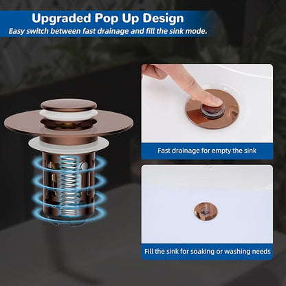 Hibbent Upgraded 3 in 1 Bathroom Sink Drain Strainer, Universal Pop Up Stopper with Removable Stainless Steel Filter Basket Hair Catcher, Sink Plug for 1.1''~2.36'' Basin, Brass Bullet Core, Rose Gold