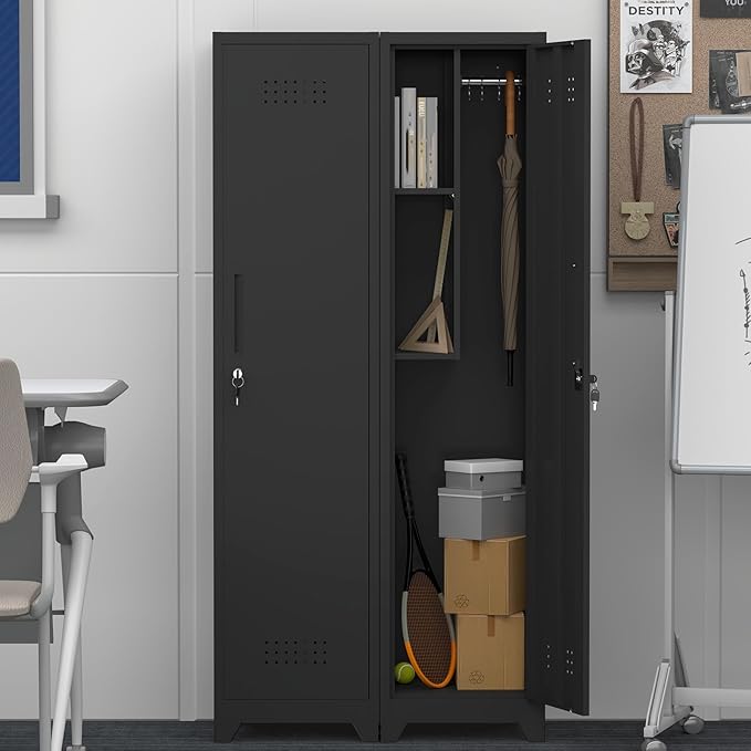 GREATMEET Slim Broom Storage Cabinets, Black Metal Cabinet with Shelves, Utility Storage Cabinet with Locking Door for Garage, School, Office, Shop