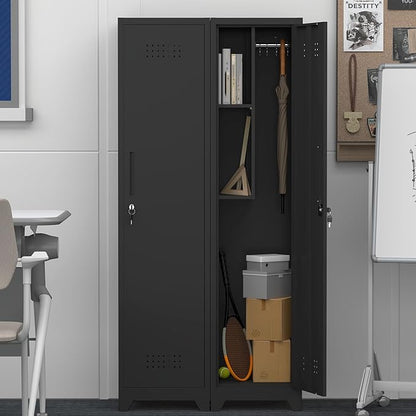 GREATMEET Slim Broom Storage Cabinets, Black Metal Cabinet with Shelves, Utility Storage Cabinet with Locking Door for Garage, School, Office, Shop
