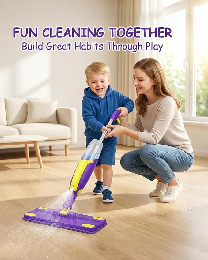 Kids Spray Mop Toddler Cleaning Set with Realistic Spray Bottle, 2 Washable Pads and Scraper, Pretend Play Housekeeping Toy for Boys Girls Age 1-3