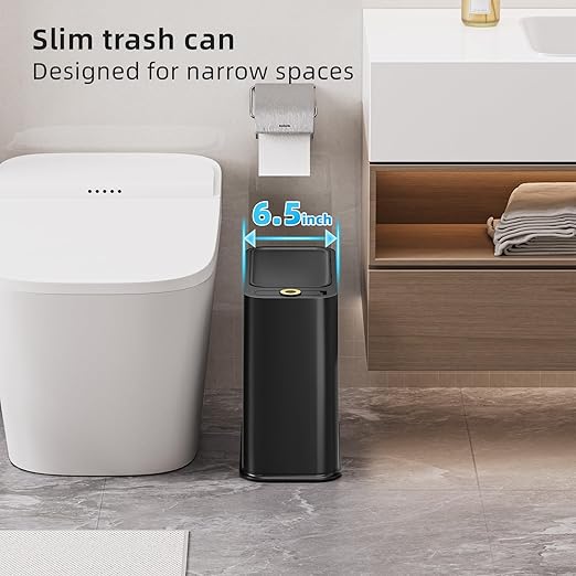 SUBEKYU Bathroom Trash Can with lid,3.5 Gal Small Kitchen Garbage Can,Plastic Office Waste Bin,Slim Wastebasket for Narrow Space,Black