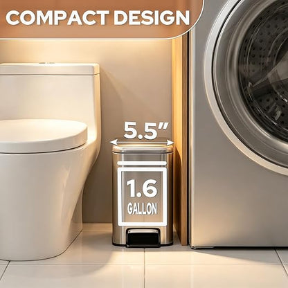 Small Bathroom Trash Can w/Lid Soft Close, 6 Liter/1.6 Gallon Stainless Steel Garbage Can w/Inner Bucket, Trash Bin Waste Basket for Kitchen, Bedroom, Living Room, Office, Toilet, Silver
