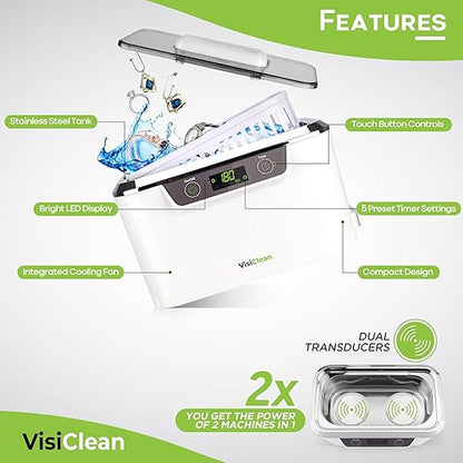 Ultrasonic Cleaner, Professional Ultrasonic Jewelry Cleaner for Diamond Ring, Silver, Gold, Earrings, Necklaces, Glasses, Denture, Retainer, Cpap, Coins, Mouthguard, Razors - VisiClean