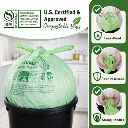 3 Gallon 100% Compostable Bags (125 Bags) Small Disposable Compost Trash Bags Food Scrap Garbage Bags US BPI Certified TUV OK Compost Home Certified Meeting ASTM D6400 (125 ct.)