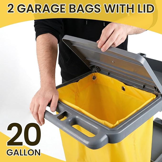 Janitorial Cleaning Carts on Wheels with 3 Shelves, Cleaning Cart for Housekeeping on Wheels, Utility Rolling Carts with 2 Vinyl Bags for Commercial&Industrial Services