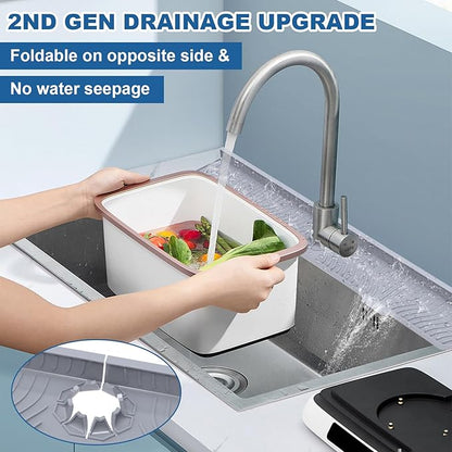 33 inch Sink Splash Guard Mat, Sink Faucet Drying Mat, Silicone Faucet Handle Drip Catcher Tray, Longer Silicone Sink Mat for KitchenBathroom, Drip Protector Splash Countertop (Grey)