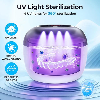 Ultrasonic Retainer Cleaner Machine, Denture Cleaner for Mouth Guard, Night Guard, Aligner, Dentures, Jewelry, Toothbrush Heads, 45kHz 250ML UV Ultrasonic Denture Ultra Sonic Cleaning for Retainers