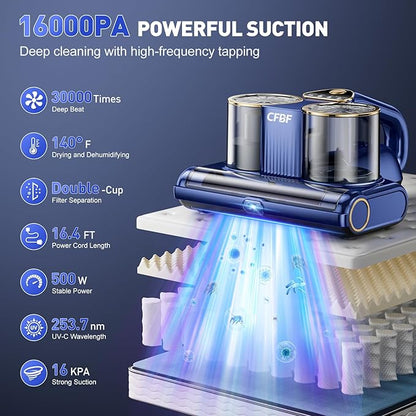CFBF Mattress Vacuum Cleaner, Bed Vacuum Cleaner with 16Kpa Suction 253.7nm UV-C Light, Ultrasonic & High Heating, 500W Powerful Double-Cup Handheld Vacuums for Bed, Sofa, Couch, Crib, 16.4FT Corded
