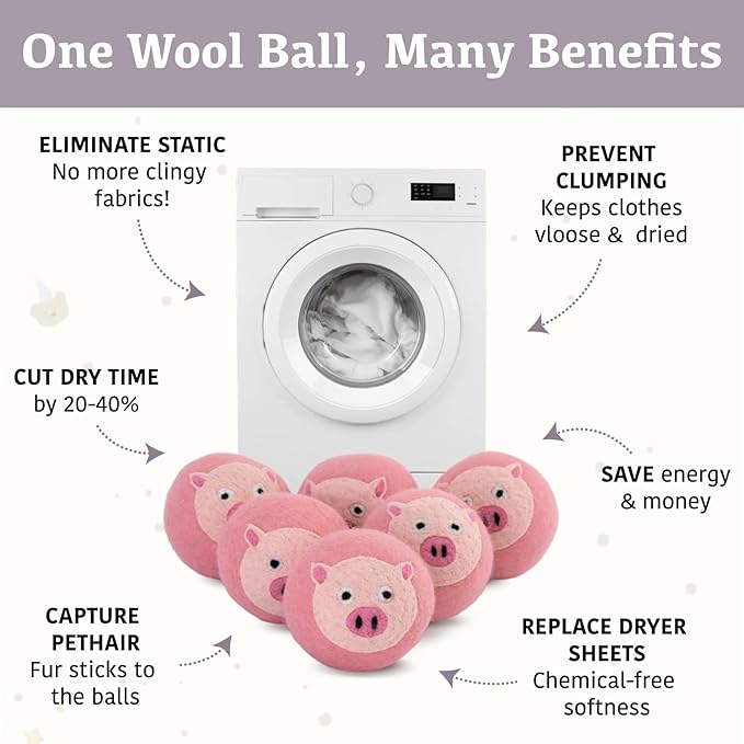 Wool Dryer Balls XL 6-Pack with Felt Storage Box, 100% Pure Wool Dryer Balls, Reusable Laundry Dryer Balls, Reduce Drying Time Wrinkles Static, Natural Fabric Softener Alternative (Pink Pig)