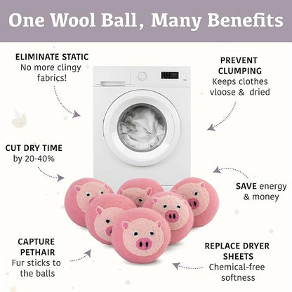 Wool Dryer Balls XL 6-Pack with Felt Storage Box, 100% Pure Wool Dryer Balls, Reusable Laundry Dryer Balls, Reduce Drying Time Wrinkles Static, Natural Fabric Softener Alternative (Pink Pig)