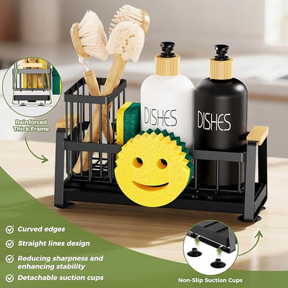 Sponge Holder for Kitchen Sink, Sink Caddy Organizer with Dish Brush Holder, Sink Organizer Rack with Suction Cups, Smiley Face Sponge Caddy Self Drain for Soap Dispenser Storage Accessories