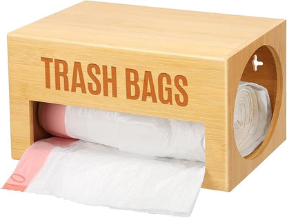 Libreshine Bamboo Garbage Bag Dispenser Roll Holder - Wall Mount Trash Bag Organizer for 13-33 Gallons, Under Sink Kitchen Grocery Bag Storage Container, Not Suitable for Large Roll