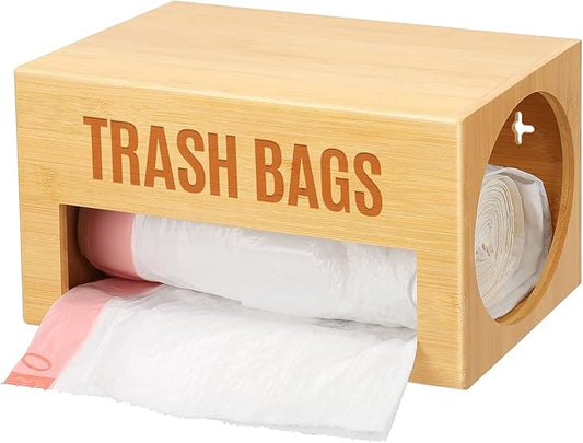 Libreshine Bamboo Garbage Bag Dispenser Roll Holder - Wall Mount Trash Bag Organizer for 13-33 Gallons, Under Sink Kitchen Grocery Bag Storage Container, Not Suitable for Large Roll