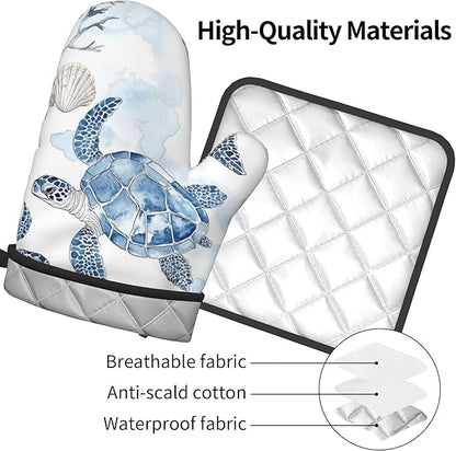 Navy Blue Ocean Sea Turtle Oven Mitts and Pot Holders Sets of 2 Summer Gift for Cooking Enthusiasts Coastal Beach Nautical Coral Kitchen Gloves for Baking BBQ Cooking Grilling Decor