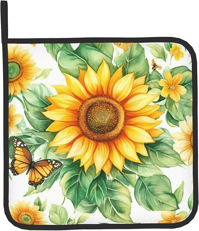 Sunflower Oven Mitts and Pot Holders Sets Watercolor Yellow Floral Plant Kitchen Gloves Hot Pads 2 Pieces Set Spring Summer Farmhouse Kitchen Decor and Accessories
