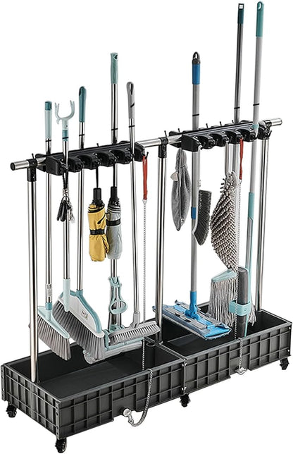Mop And Broom Holder Cleaning Supplies Mop Bucket Garden Tool Organizer Cleaning Carts On Wheels Freestanding Broom Closet Storage Cabinet Mop Sink For Housekeeping Garag(Onec-20 Slots 24 Hooks)