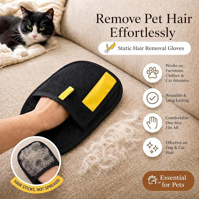 Pet Hair Remover Kit – 3 Piece Dog & Cat Hair Cleaning Set – Reusable Fur Removal Glove, Rubber Brush & Lint Roller – Removes Hair from Furniture, Couch, Carpet, Clothes & Car