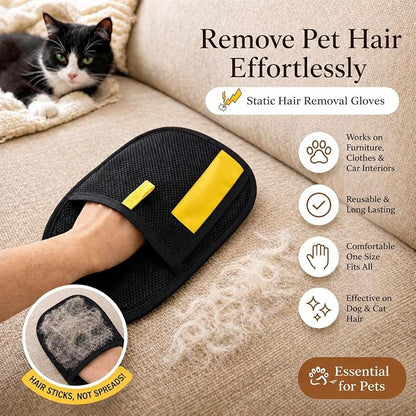 Pet Hair Remover Kit – 3 Piece Dog & Cat Hair Cleaning Set – Reusable Fur Removal Glove, Rubber Brush & Lint Roller – Removes Hair from Furniture, Couch, Carpet, Clothes & Car